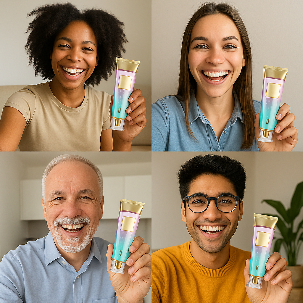 Collage of happy customers showing bright white smiles